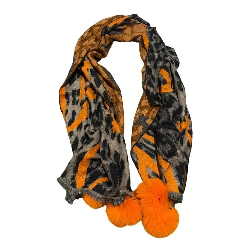 LaBelle Furs Wide Woven Leopard Print Heart Scarf with Fox Pom Poms